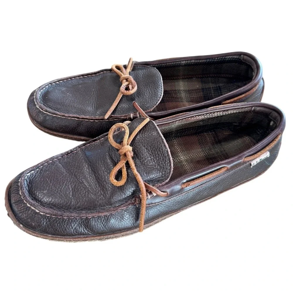 L.L. Bean Wicked Good Moccasins Mens 13 Brown Leather Flannel Lined Slippers